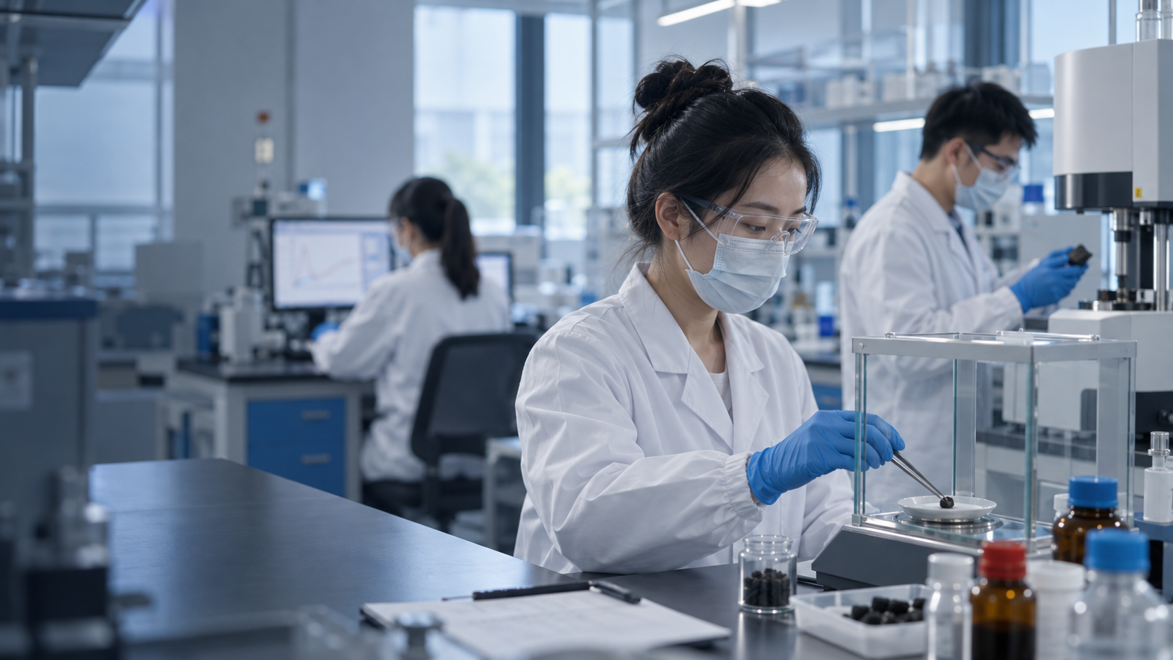 材料研发人员在实验室进行样品称量、仪器分析和数据查看