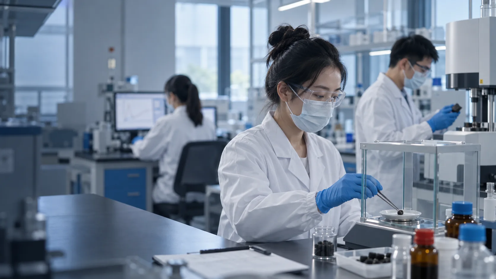 材料研发人员在实验室进行样品称量、仪器分析和数据查看